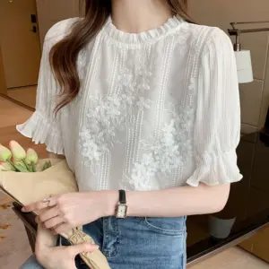 Flare Chiffon Short Sleeve Shirt for Women - White