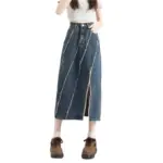 Street-Style Khaki High-Waisted Denim Skirt, Raw Hem & Slit