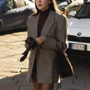 Polished Plaid Blazer for Women with Button Closure - Brown