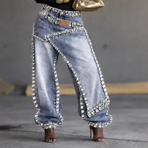 High-Waist Straight-Leg Patchwork Denim Jeans with Rhinestones