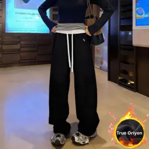 Warm High-Waist Embroidered Fleece Wide-Leg Pants for Women