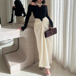 Bold Black & White Color-Block Sheath Dress with Pearls