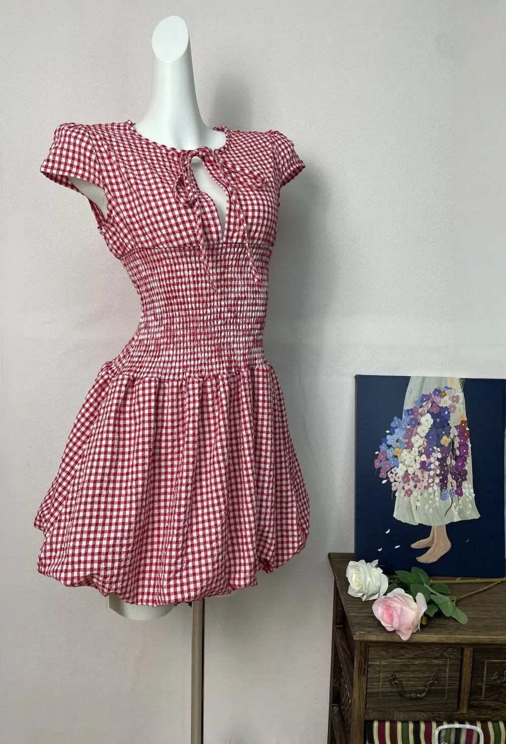 Red Pattern Hollow Out Short Sleeve Dress Women