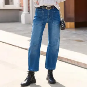 Washed High-Waist Cotton Jeans for Women, Straight-Leg