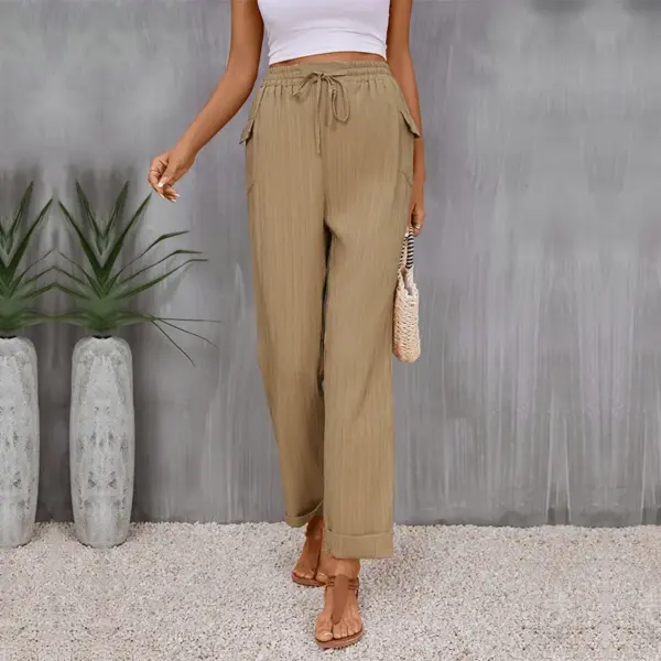 Elasticated Waist Khaki Pleated Straight-Leg Trousers Elasticated Waist Khaki Pleated Straight-Leg Trousers