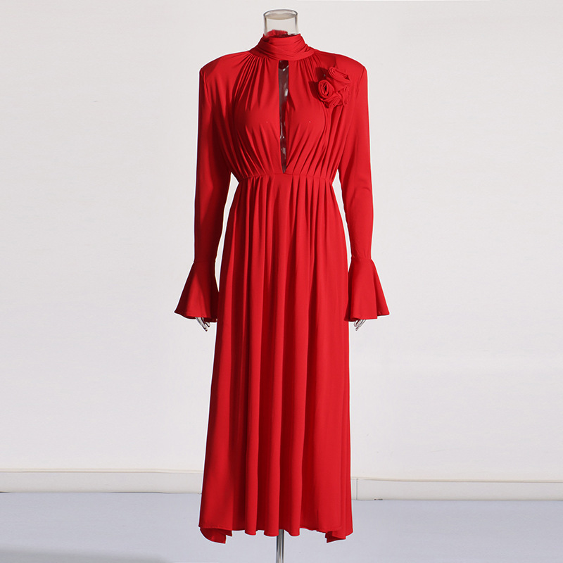 Three-dimensional Flower Decoration Long Dress Women