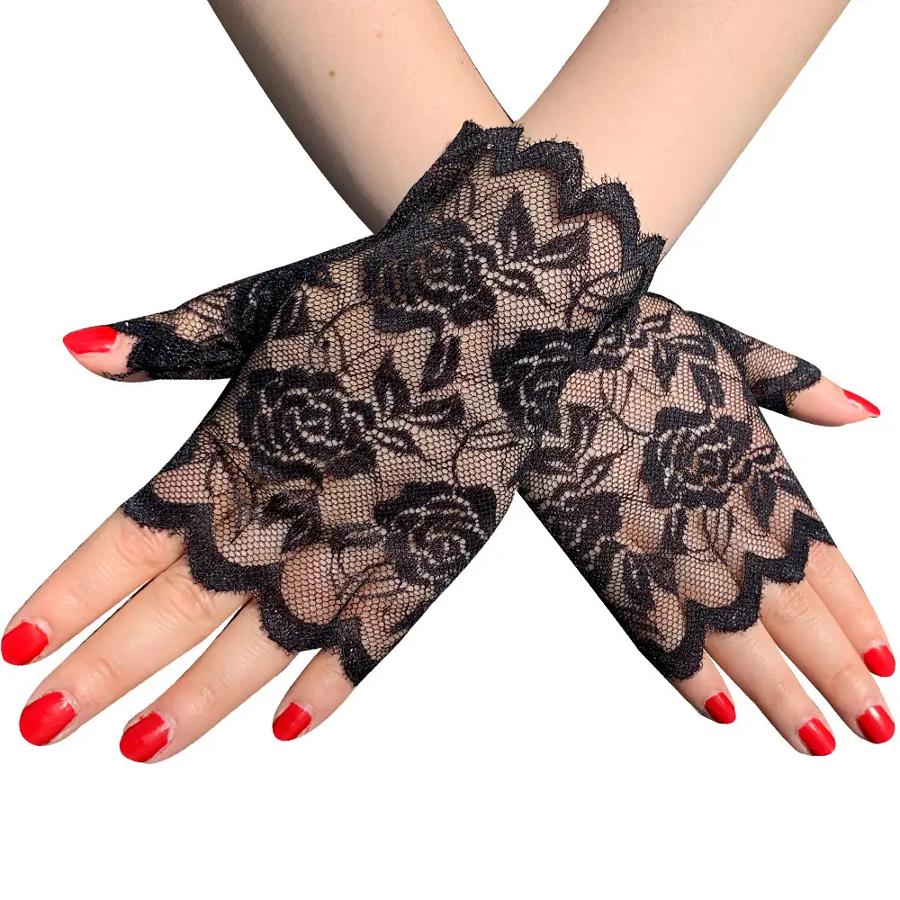 Sun-Proof Lace Half Finger Gloves for Women, Short Fit