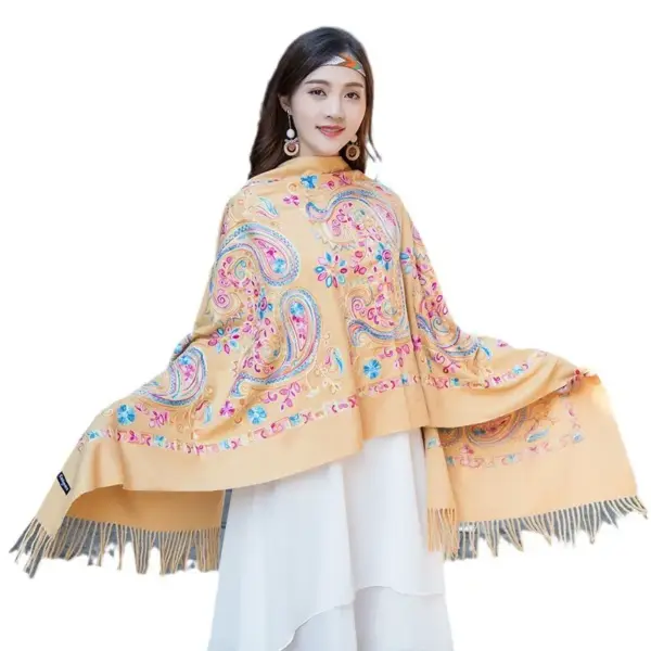 Warmth-Boosting Embroidered Cashmere Scarf, Great Wall Pattern