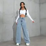 Women's Loose Mid-Waist Stretch Straight Jeans With Rhinestones