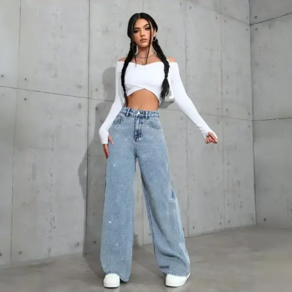Women's Loose Mid-Waist Stretch Straight Jeans With Rhinestones