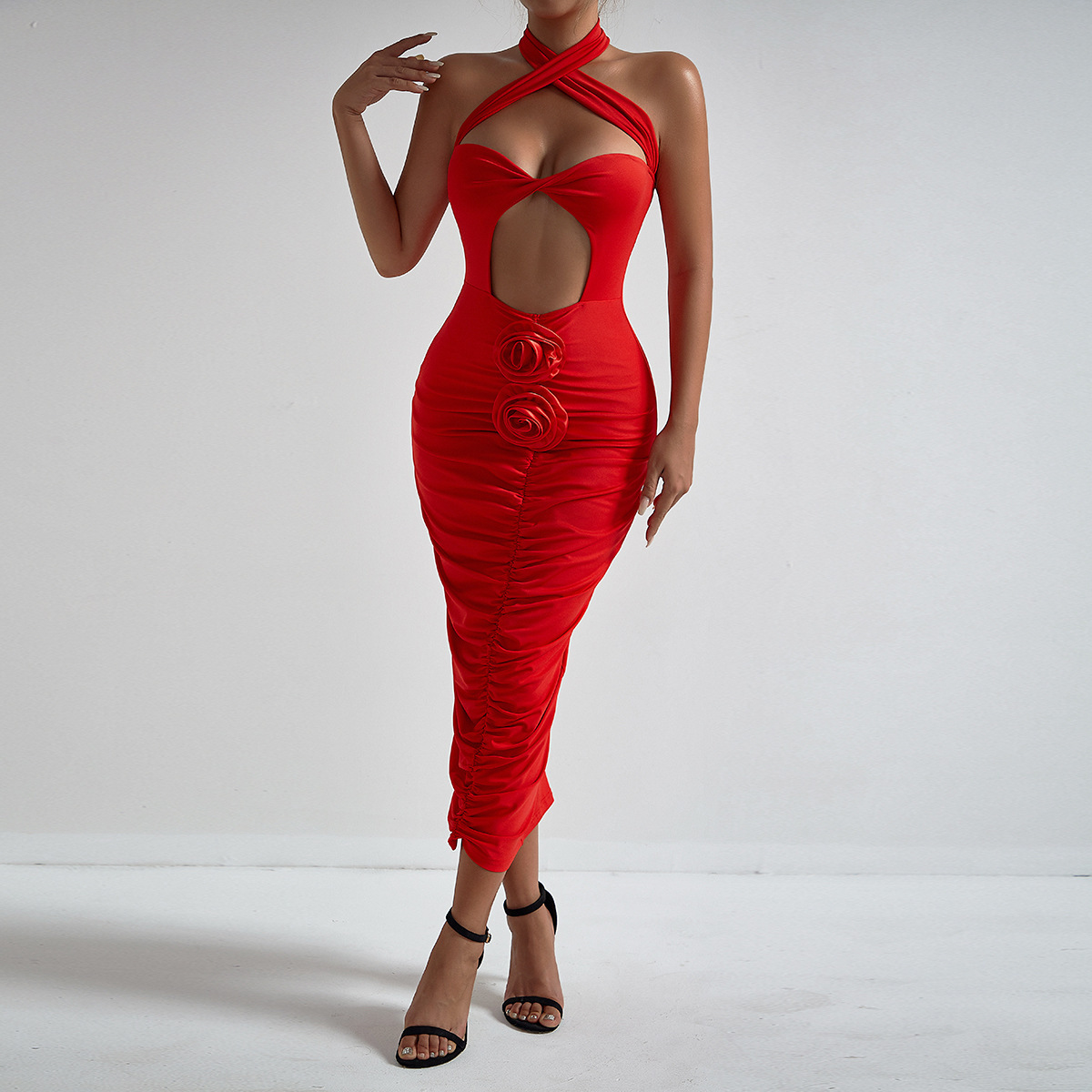 Bold Red Cross Chest Flower Dress for Women, Polyester