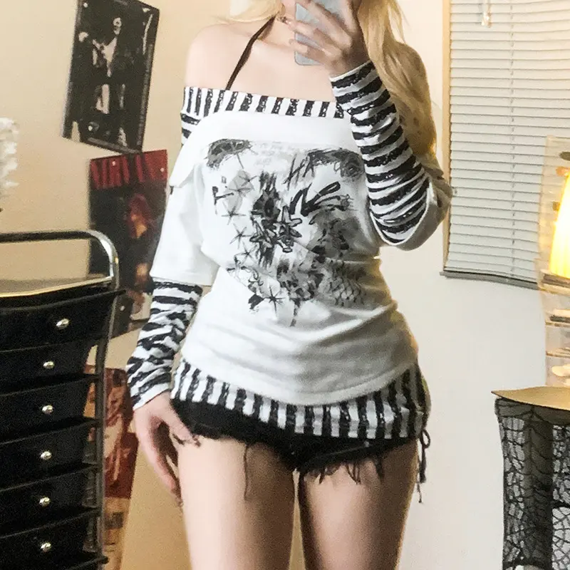 Off-Shoulder Y2 K Striped Contrast Polyester Top for Women