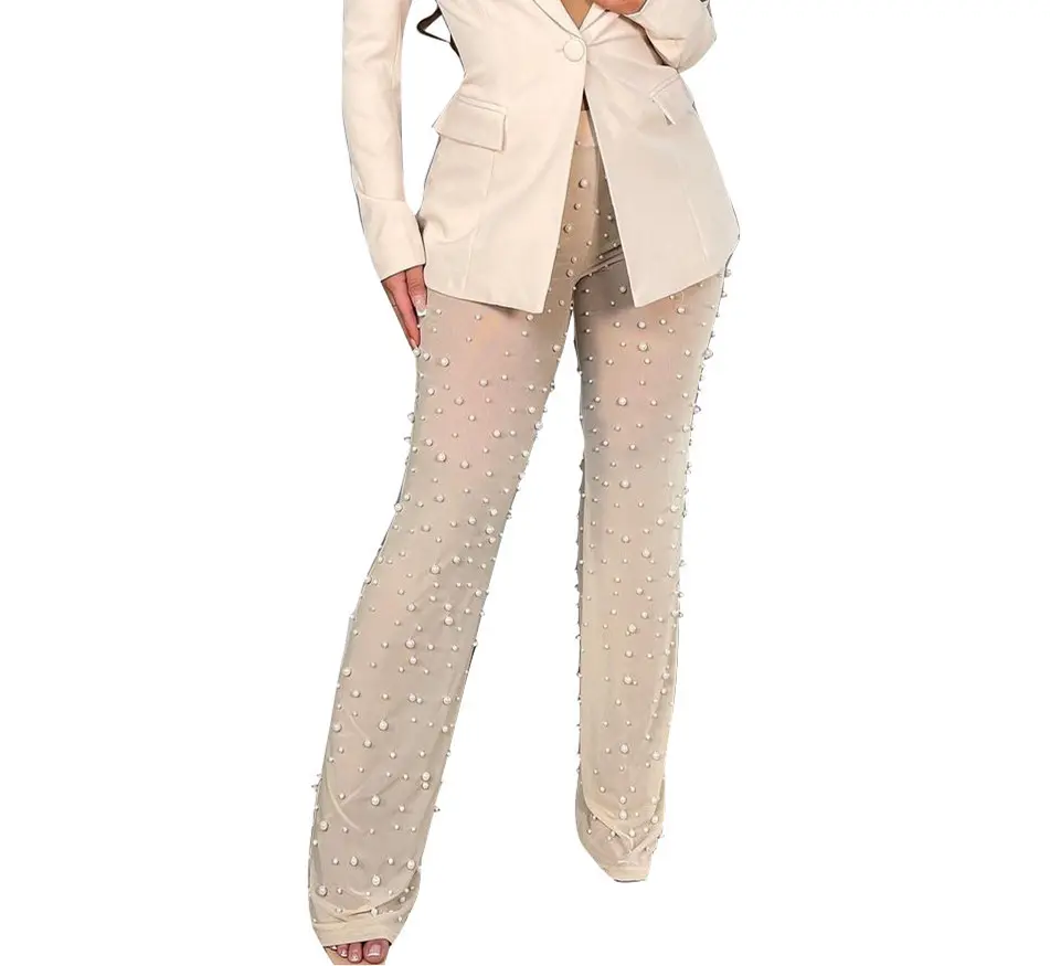 Beaded Mesh Wide-Leg Trousers for Women, Stretch Fit Beaded Mesh Wide-Leg Trousers for Women, Stretch Fit
