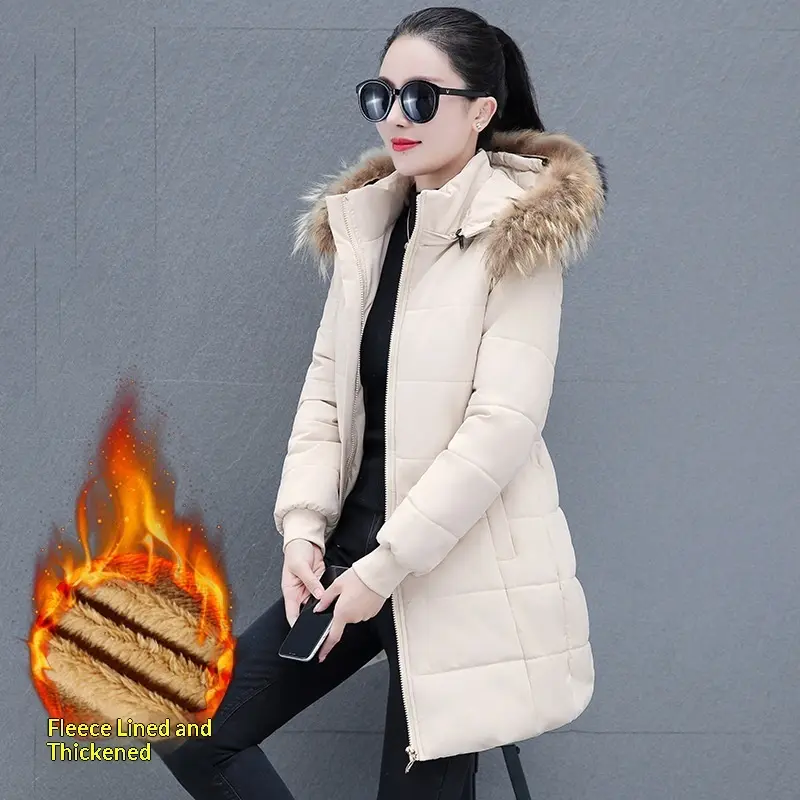 Warm Women’s Mid-Length Padded Coat with Detachable Hood and Fur Collar