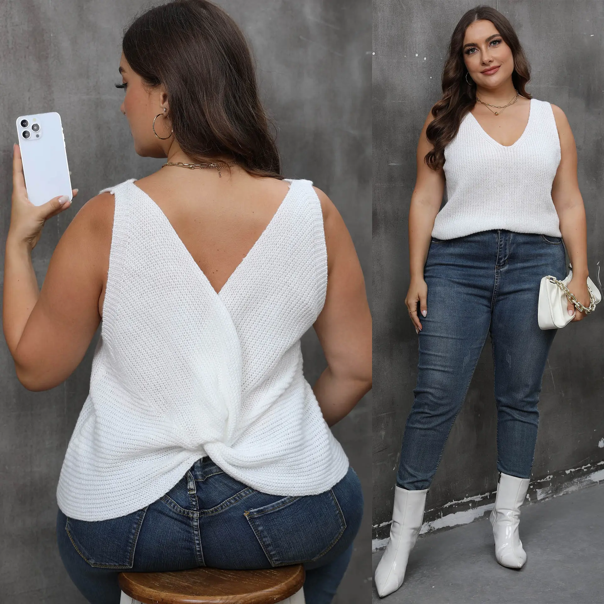 Loose-Fit V-Neck Sleeveless Knitted Base Sweater Top for Women