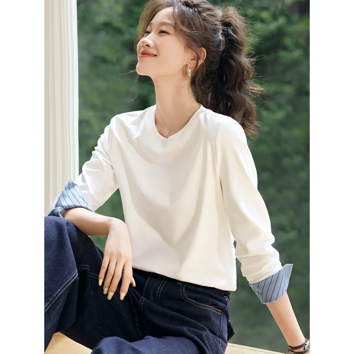 Contrast Patchwork Striped Long Sleeve Top - Round Neck Contrast Patchwork Striped Long Sleeve Top - Round Neck