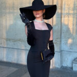 Stretchy Black Square Neck Hip Wrap Midi Dress with Gloves
