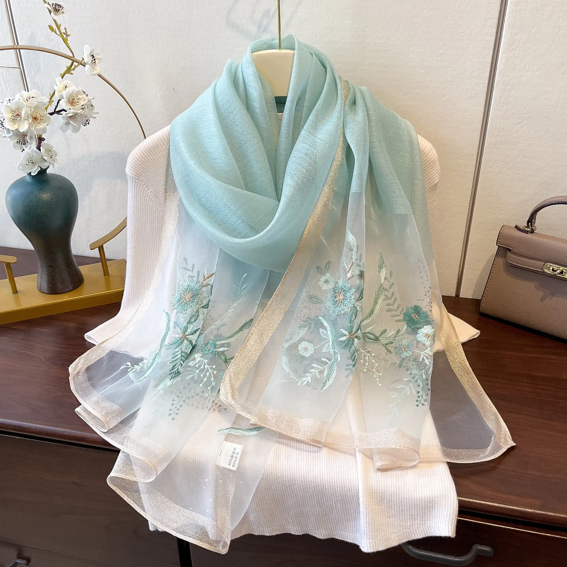 Embroidered Mulberry Silk Jacquard Long Wrap Scarf