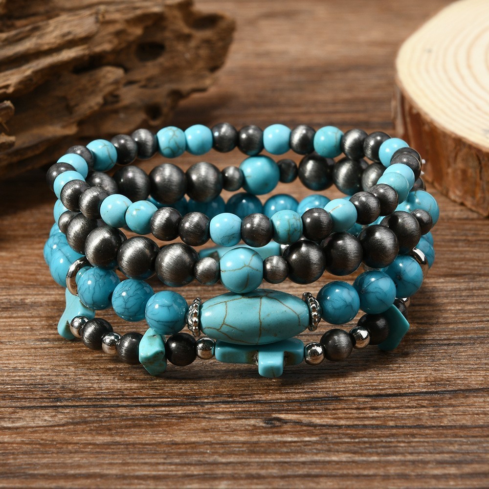 Comfort Elastic Turquoise Beaded Bracelet with Vintage U-Shape