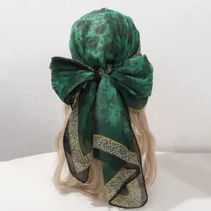 Green Chiffon Leopard Flower Border Scarf, 150-Thread
