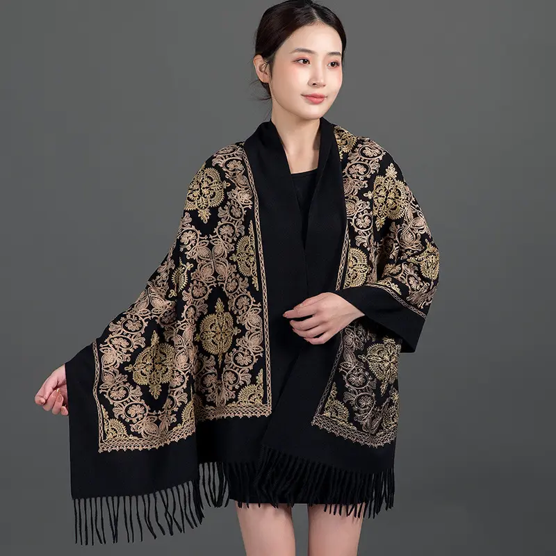 Embroidered Faux Cashmere Shawl Scarf with Tassels