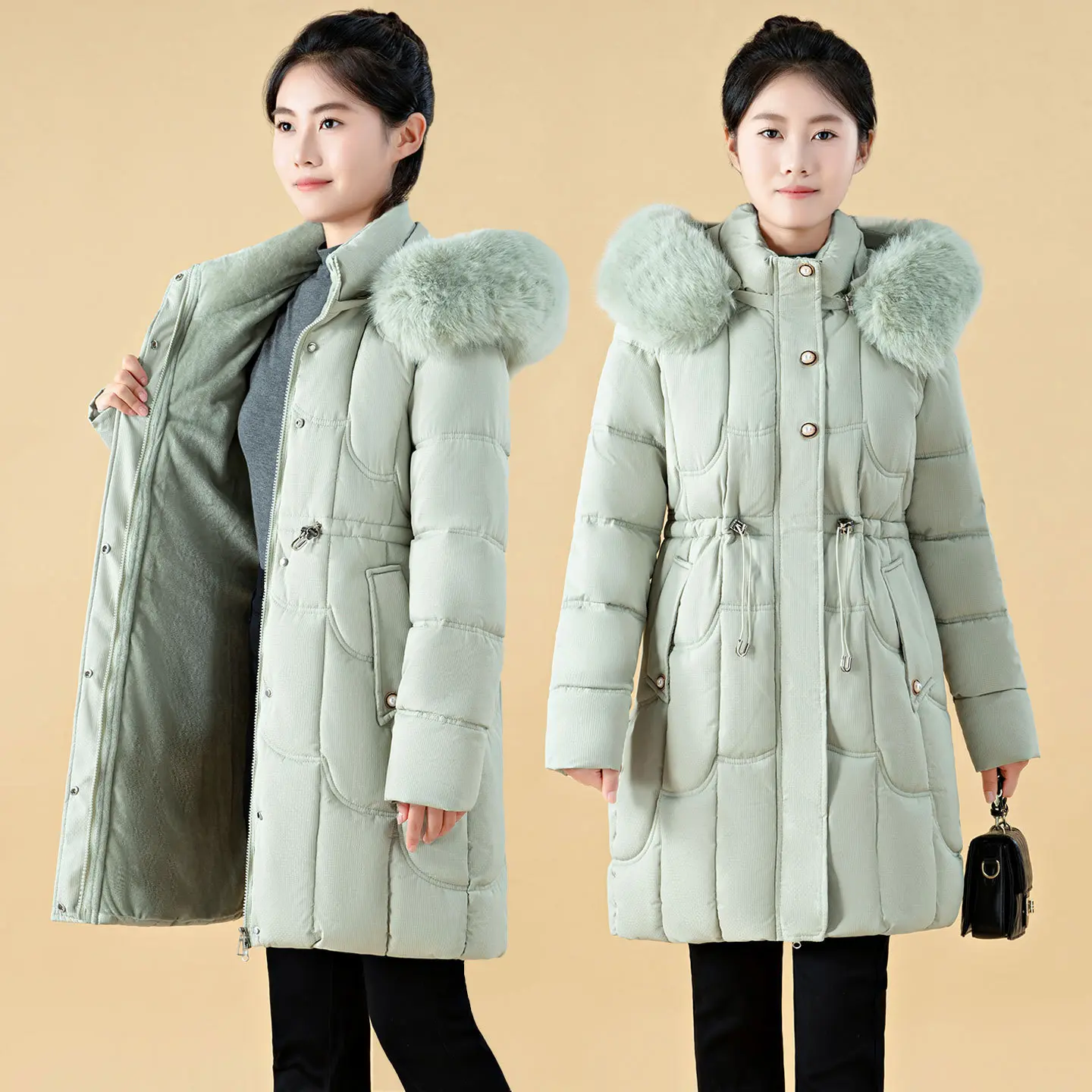 Warmth-Boosting Womens Mid-Length Padded Jacket with Detachable Fur Collar