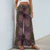 Lace-Up Printed High-Waist Wide-Leg Pants with Pockets, Black