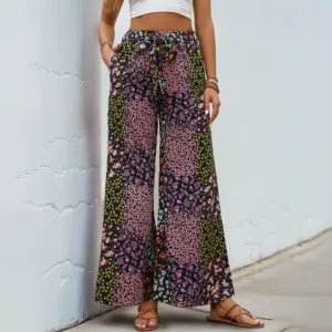 Lace-Up Printed High-Waist Wide-Leg Pants with Pockets, Black