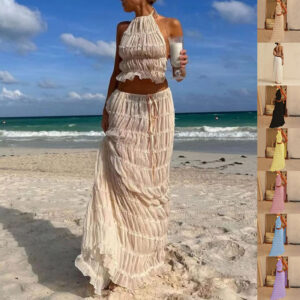Backless Halter Top & Pleated Long Skirt Set for Summer