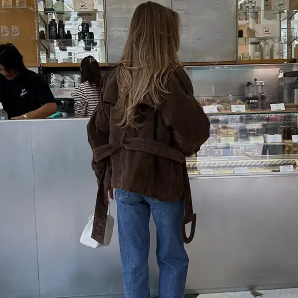 Retro Brown Lace-Up Suede Jacket For Women Retro Brown Lace-Up Suede Jacket For Women