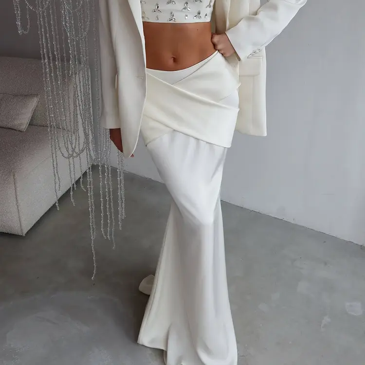 Satin Cross-Design Bodycon Skirt for Women - White