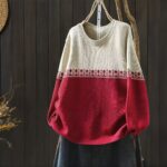 Loose Fit Preppy Crew-Neck Cotton Knit Sweater - Color Block
