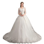 Deep V-Neck Lace Wedding Dress with Long Sleeves Tail