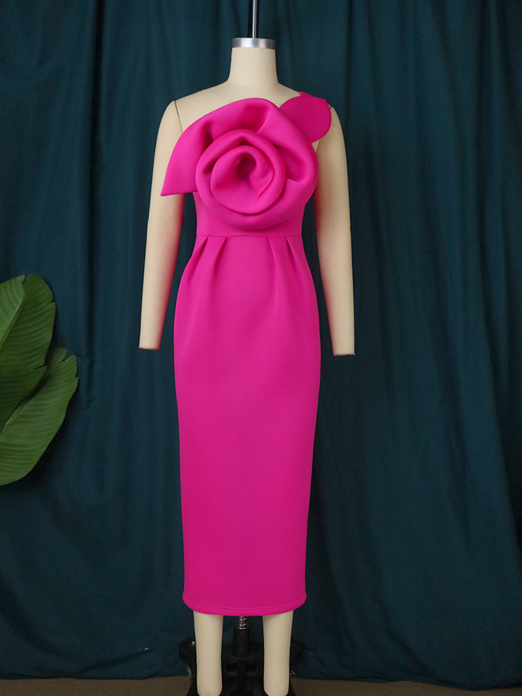One-shoulder Diagonal Collar Three-dimensional Flower Dress For Women