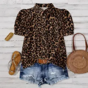 Statement Leopard-Print Blouse for Women, Polyester, Short Sleeve