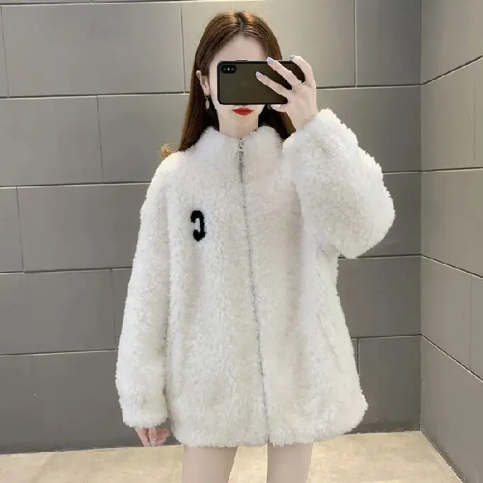 Warmth-Boosting Double-Sided Womens Short Shearling Coat with Zipper