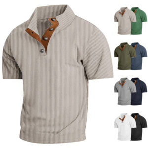 Loose-Fit Men’s Stand Collar Short-Sleeve Corduroy Shirt