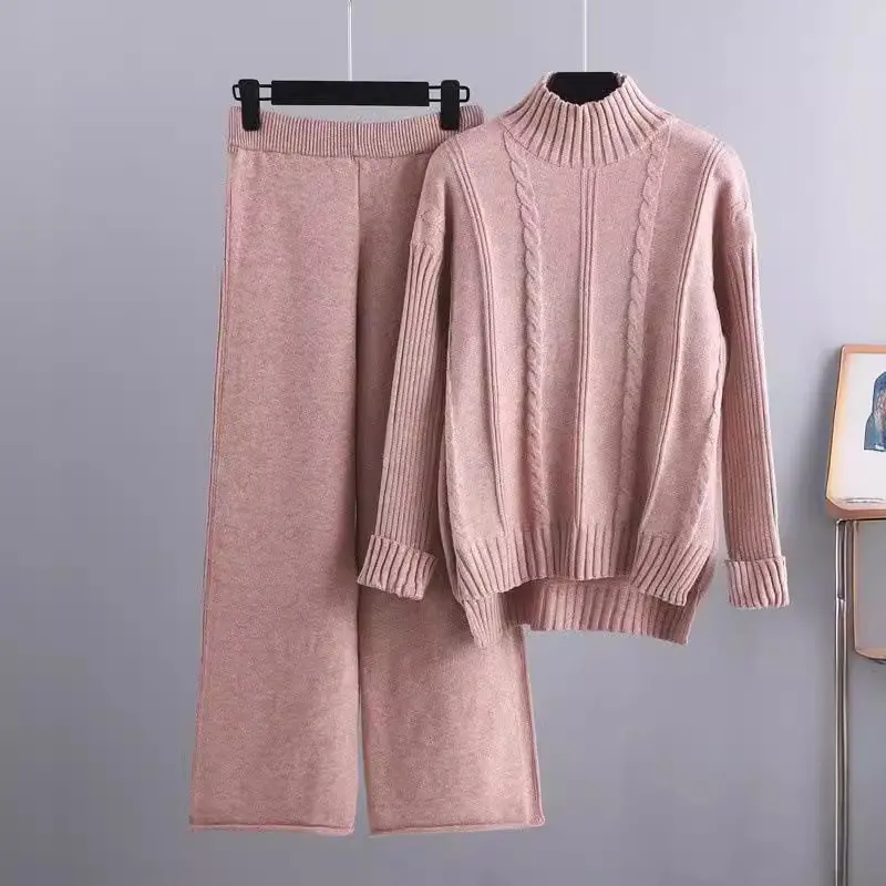 High-end Mock Neck Sweater Wide-leg Pants Suit Women High-end Mock Neck Sweater Wide-leg Pants Suit Women