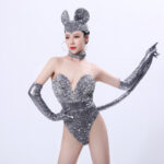 Light-Catching Grey Sequin Stage Costume Set for Women - One Size