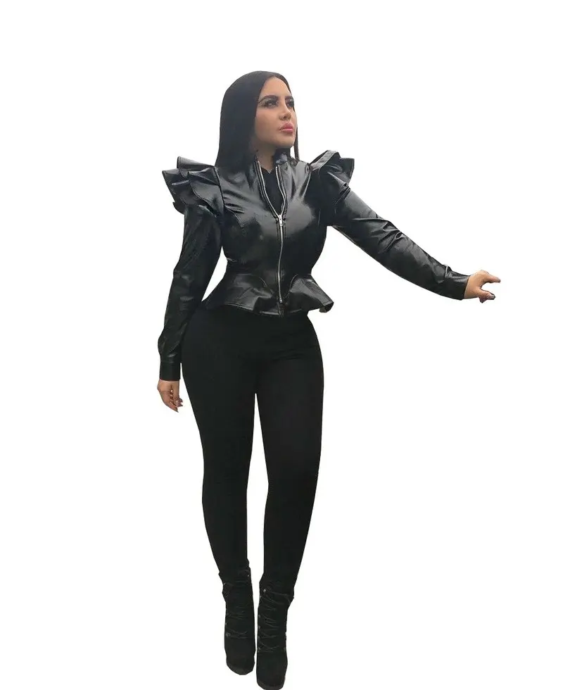 Confident Black Ruffled Leather Jacket for Women Confident Black Ruffled Leather Jacket for Women