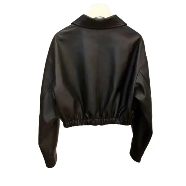 Soft Leather Black Zip Coat for Spring & Autumn, Square Neck