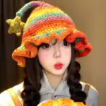 Rainbow Star Elf Hat for Adults, Hand-Knitted Acrylic Cap
