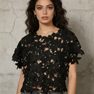 Bold See-Through Black Floral Lace Cut-Out Short Sleeve Top