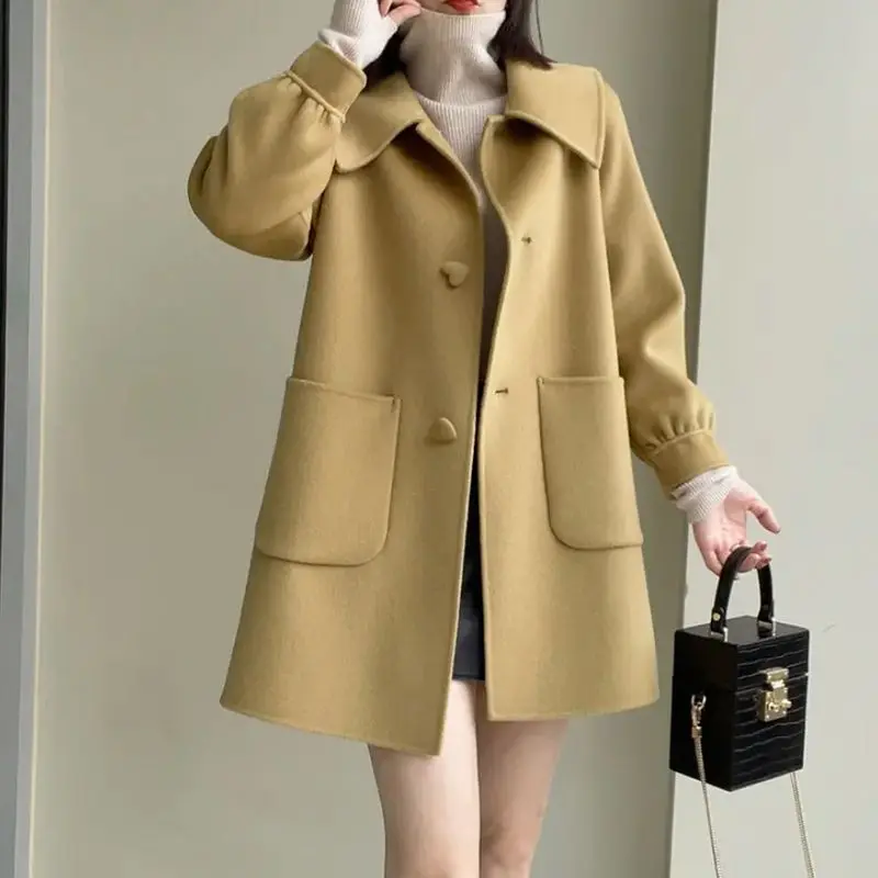 Womens Geometric Wool Coat with Doll Neck Patchwork