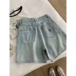 High-Waist Bow-Embroidered Blue Denim Shorts with Pockets