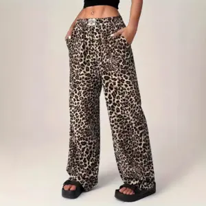 Leopard Print Wide Leg Pants for Women with High Waist