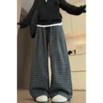 Loose And Versatile Fleece Plaid Wide-leg Pants For Women