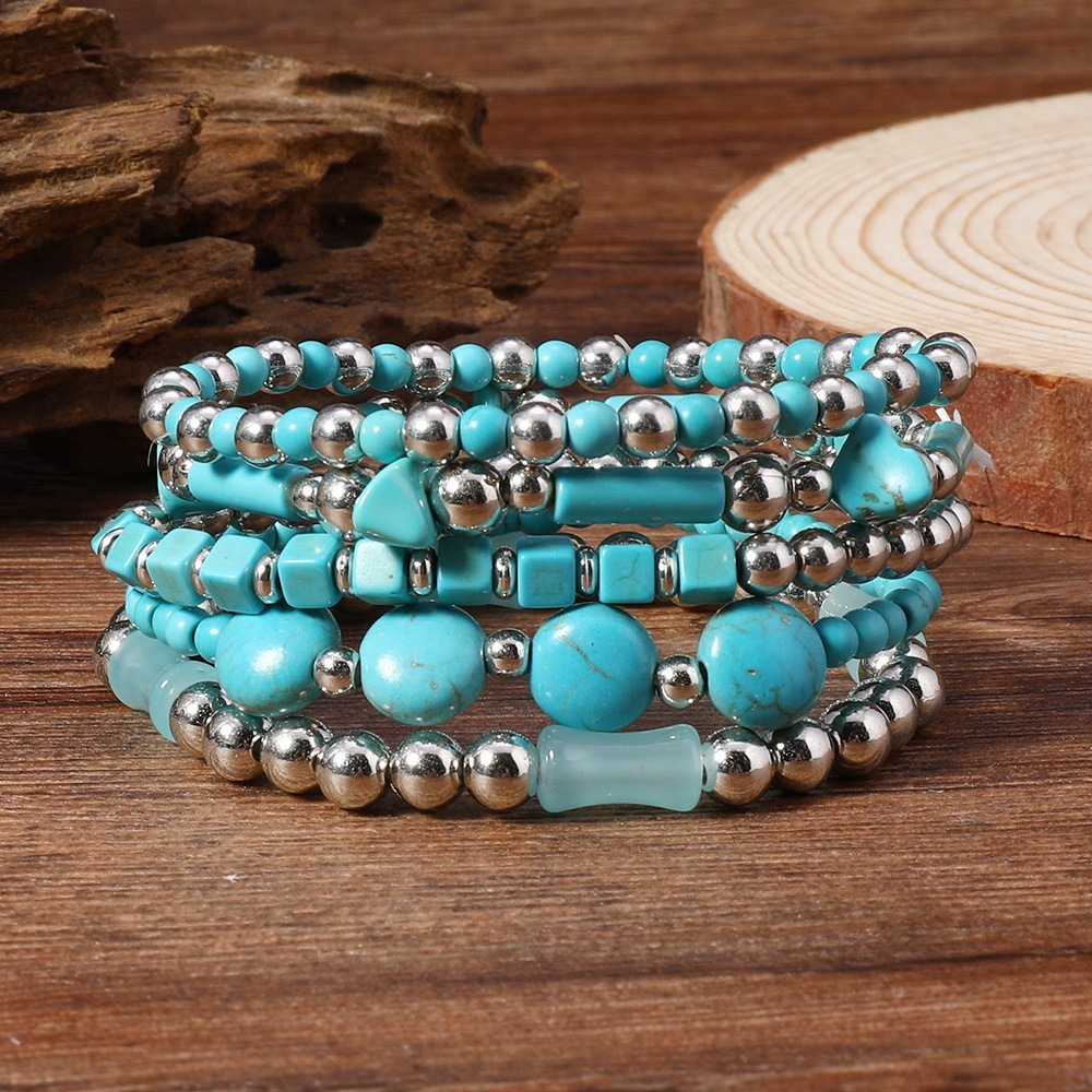 Comfort Elastic Turquoise Beaded Bracelet with Vintage U-Shape