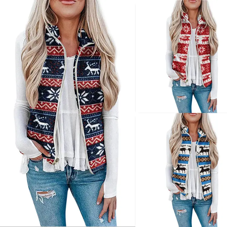 Festive Plush Printed Women’s Christmas Vest, Polyester