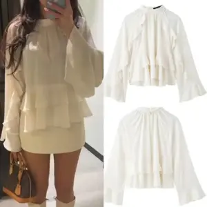 Vintage Beige Satin Top for Women, Ruffle Long Sleeves